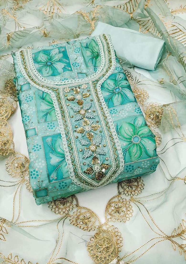 Sea Green Embellished Organza Kurta Set - Indya