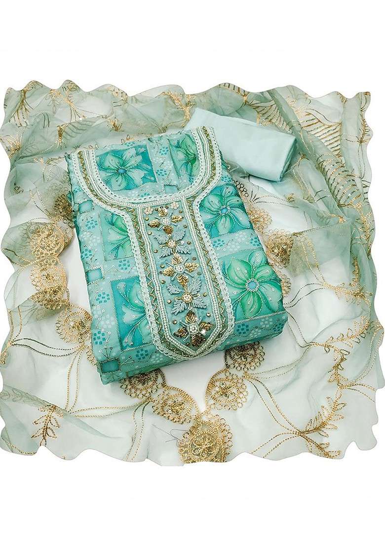 Sea Green Embellished Organza Kurta Set - Indya