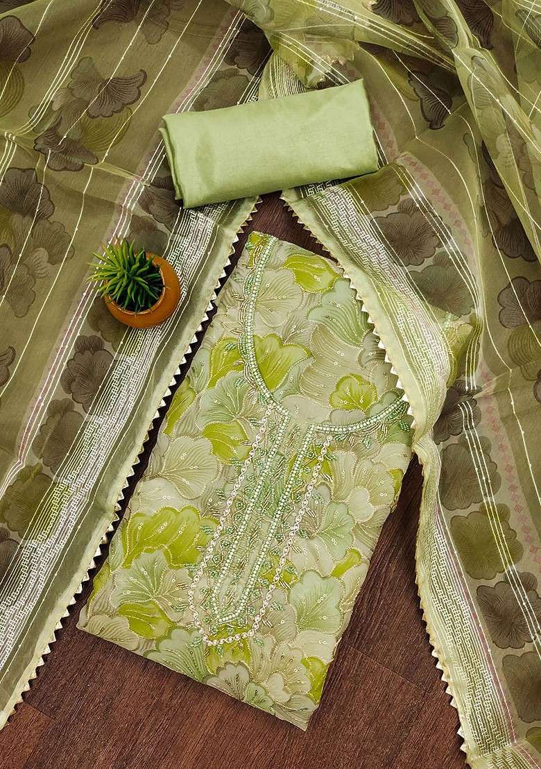 Green Embellished Organza Kurta Set - Indya