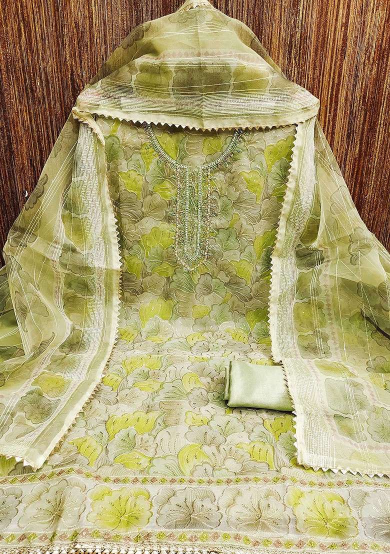 Green Embellished Organza Kurta Set - Indya