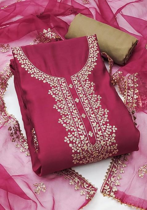 Magenta Embroidered Poly Blend Kurta Set