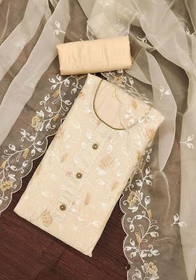 Off White Embroidered Poly Blend Kurta Set