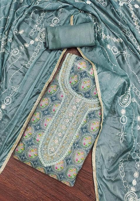 Teal Embroidered Organza Kurta Set