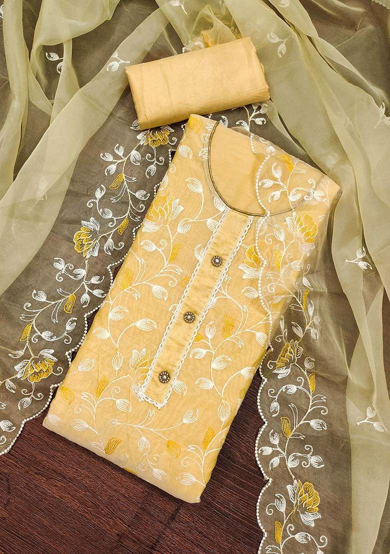 Yellow Embroidered Blended Straight Kurta Set - Indya