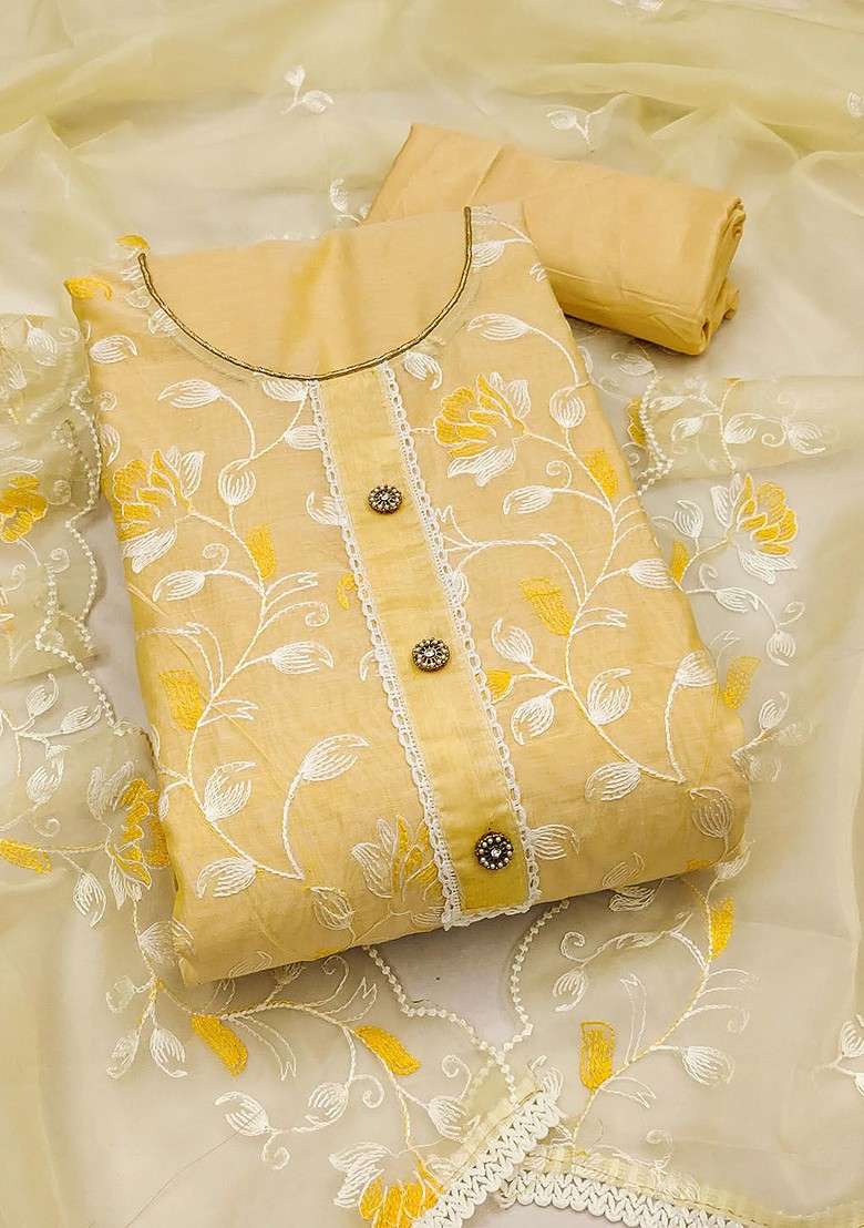 Yellow Embroidered Blended Straight Kurta Set - Indya