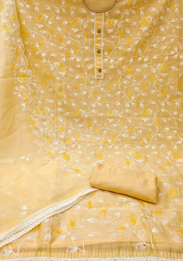 Yellow Embroidered Blended Straight Kurta Set - Indya