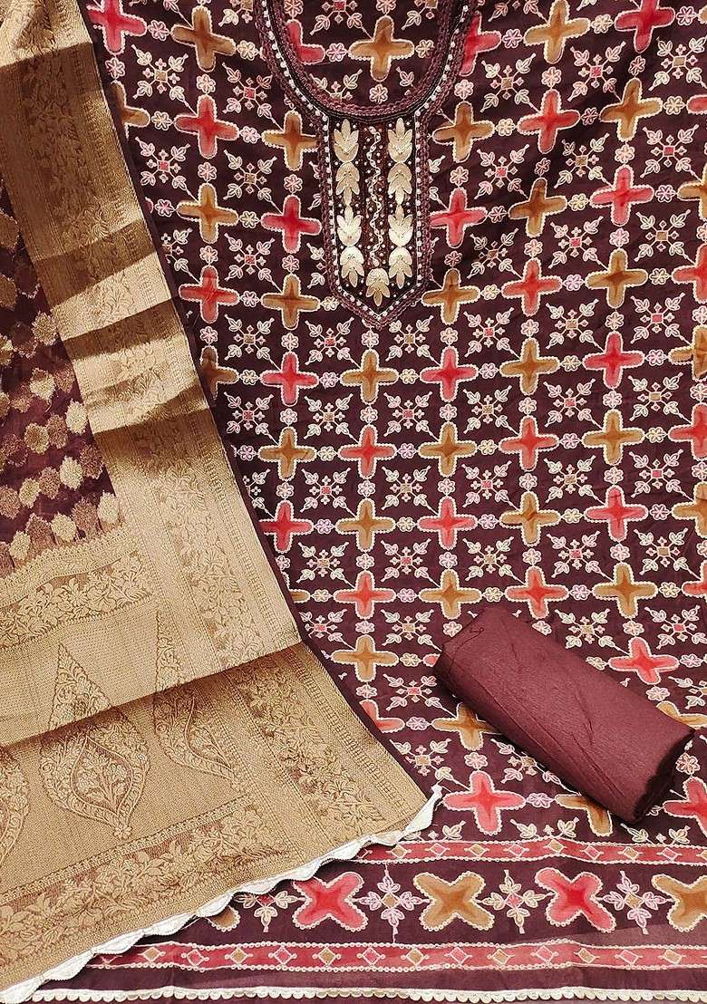 Brown Jacquard Organza Straight Kurta Set - Indya