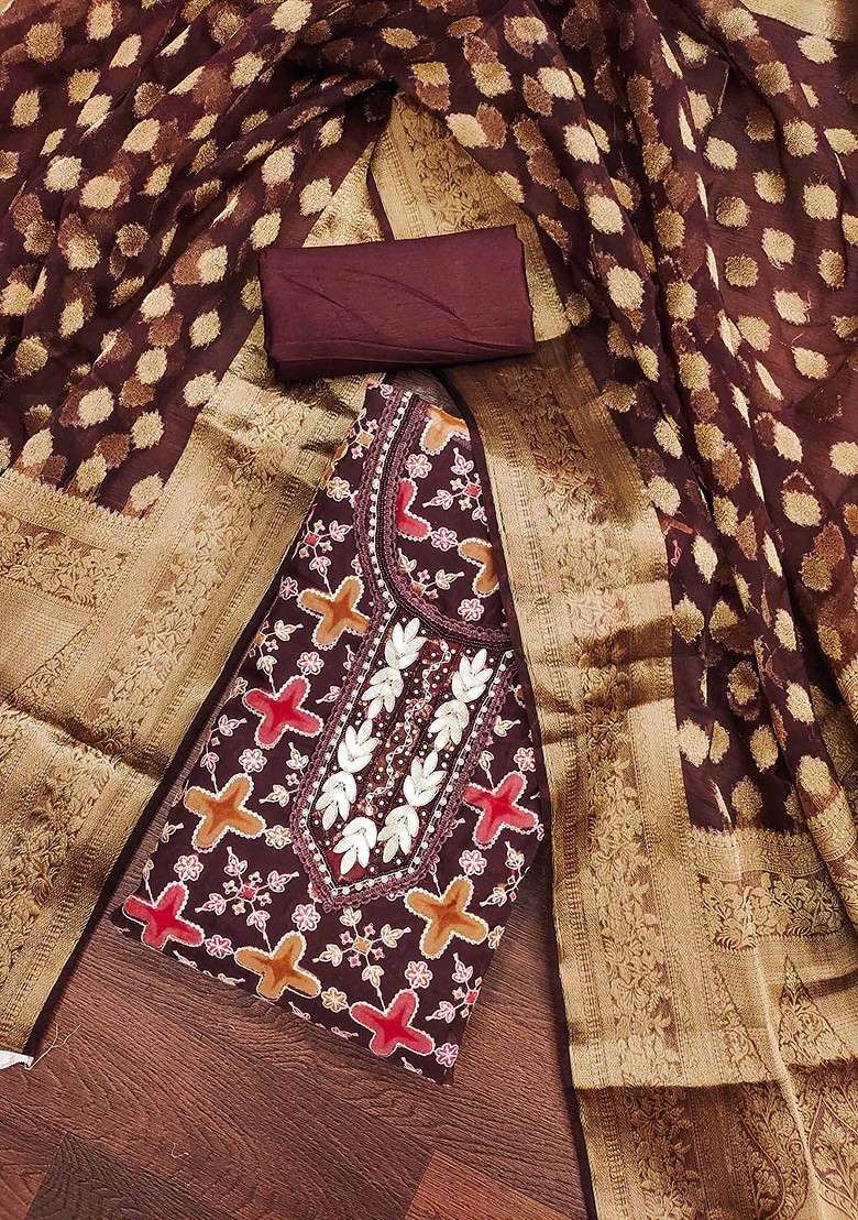 Brown Jacquard Organza Straight Kurta Set - Indya