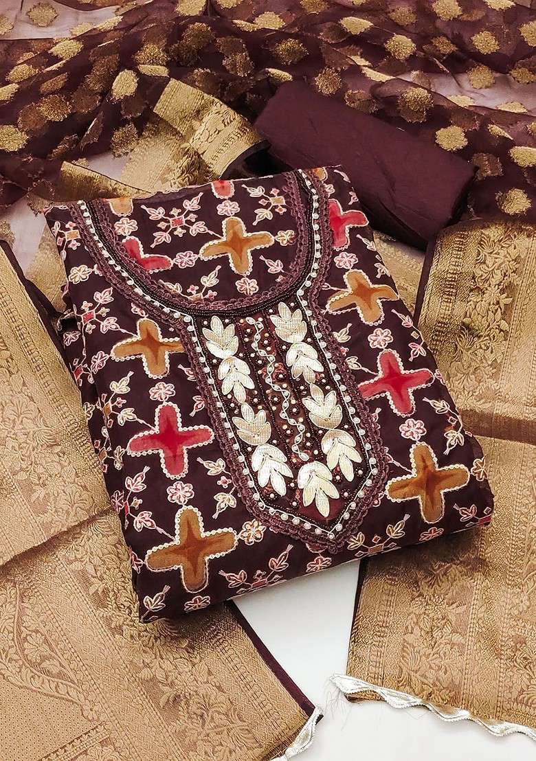 Brown Jacquard Organza Straight Kurta Set - Indya