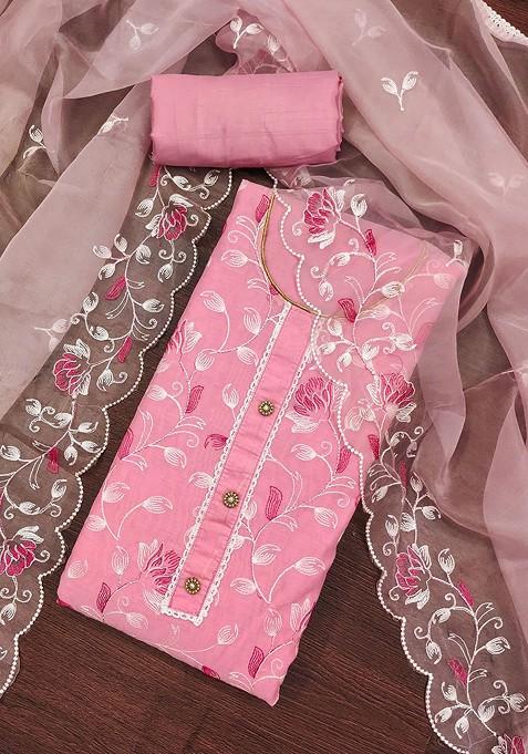 Pink Embroidered Poly Blend Kurta Set