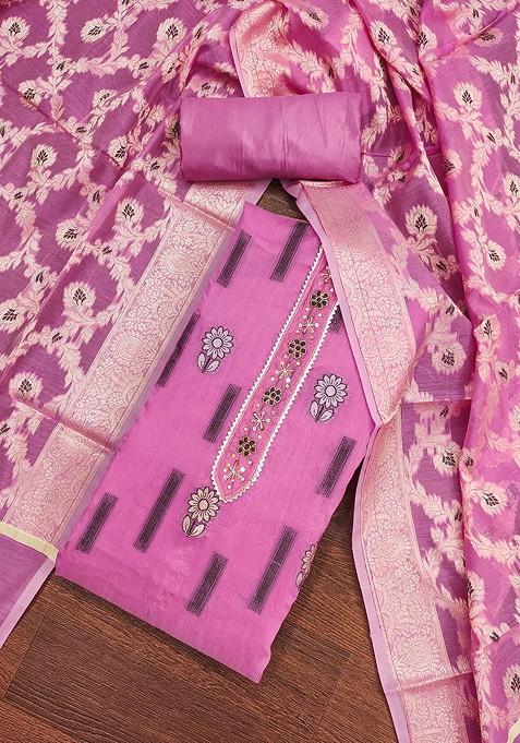 Pink Embroidered Poly Blend Kurta Set