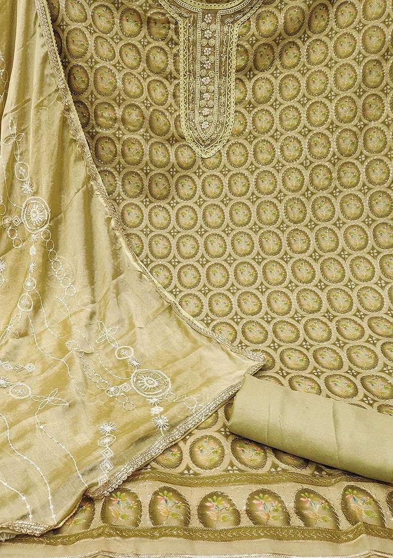 Olive Printed Organza Straight Kurta Set - Indya