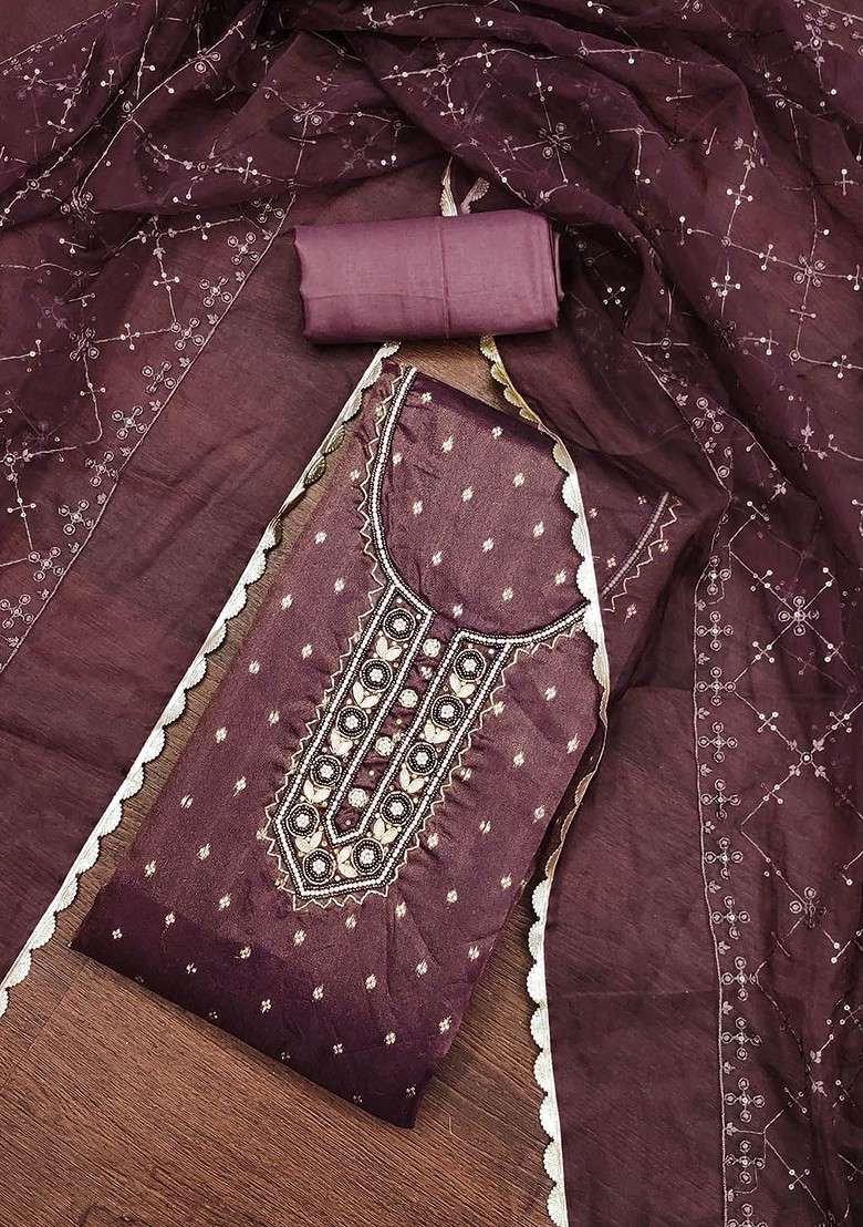 Magenta Embroidered Organza Straight Kurta Set - Indya