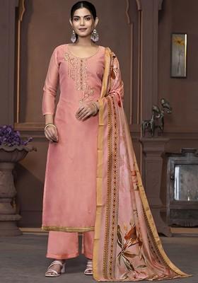 Peach Embellished Poly Blend Kurta Set