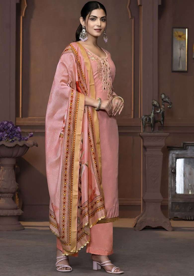 Peach Embellished Poly Blend Kurta Set - Indya