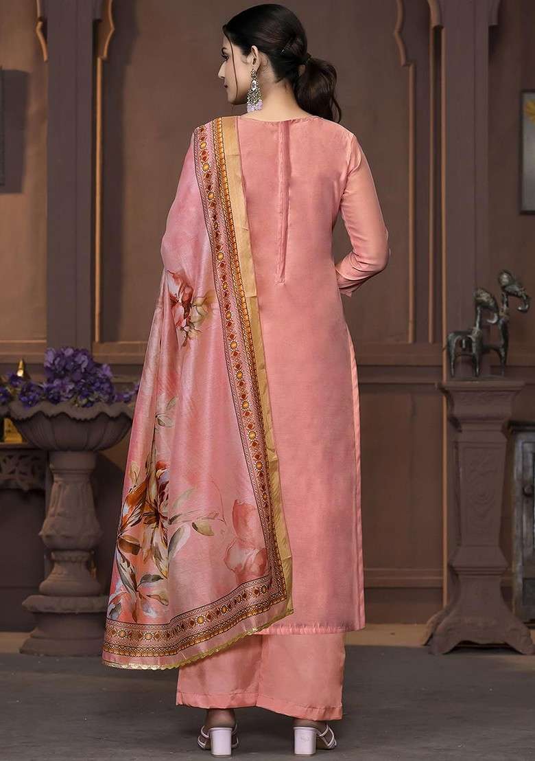 Peach Embellished Poly Blend Kurta Set - Indya