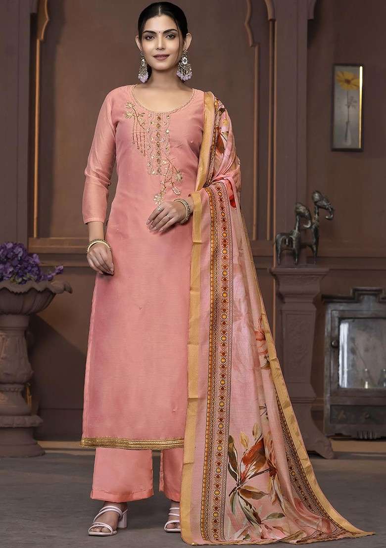 Peach Embellished Poly Blend Kurta Set - Indya
