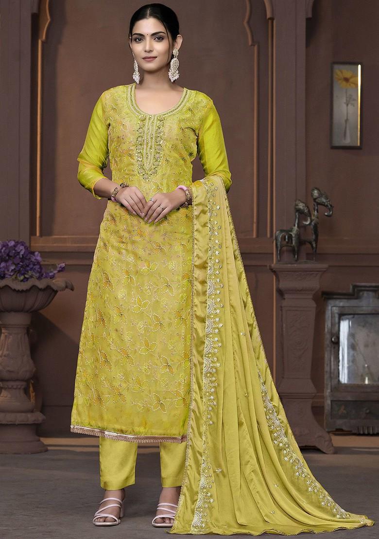 Lime Green Embellished Organza Kurta Set