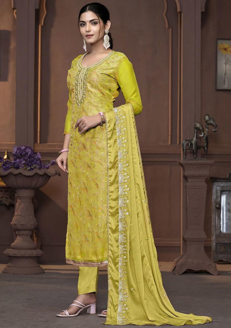 Lime Green Embellished Organza Kurta Set
