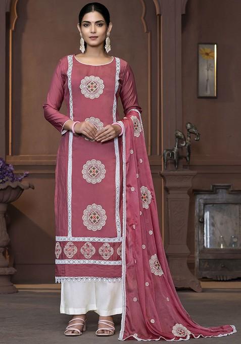 Pink Embroidered Poly Blend Kurta Set