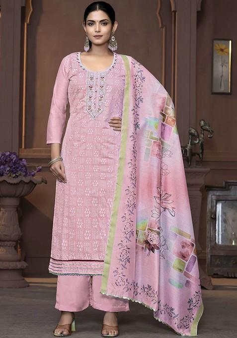 Peach Floral Print Poly Blend Kurta Set