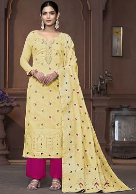 Yellow Embellished Poly Blend Kurta Set