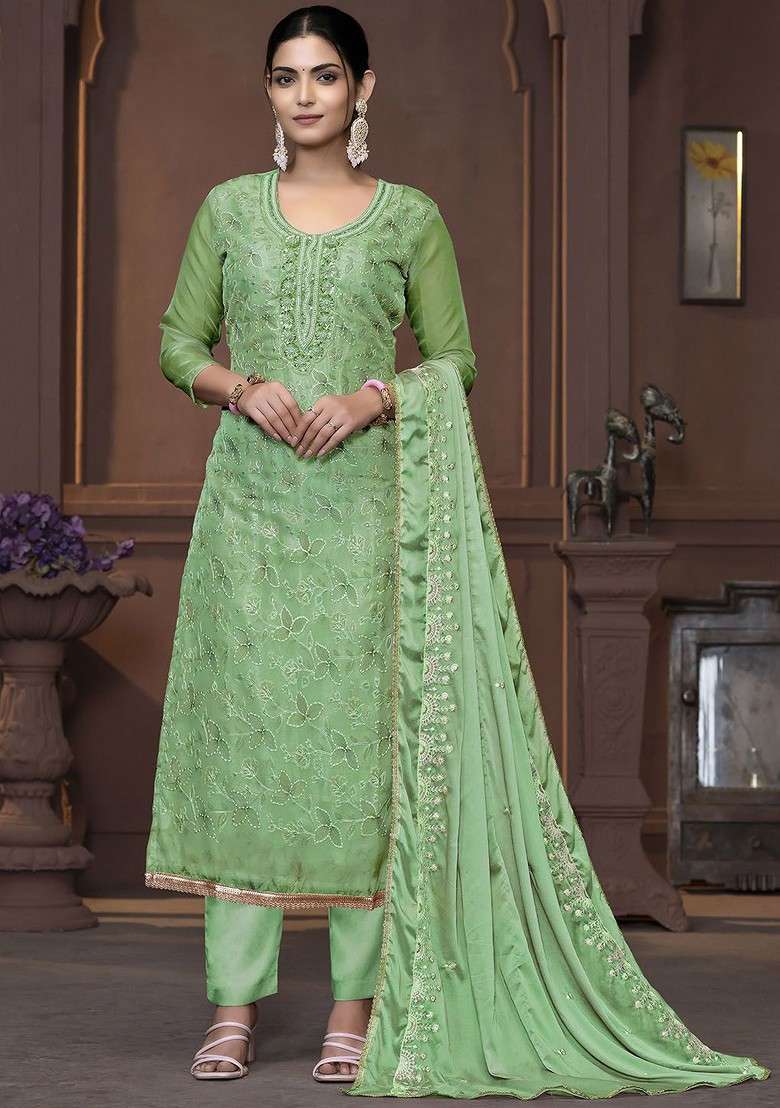 Sea Green Embellished Poly Blend Kurta Set - Indya