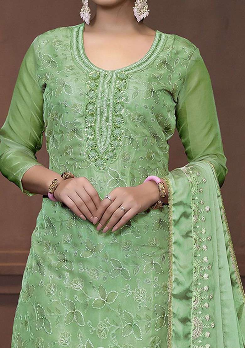 Sea Green Embellished Poly Blend Kurta Set - Indya