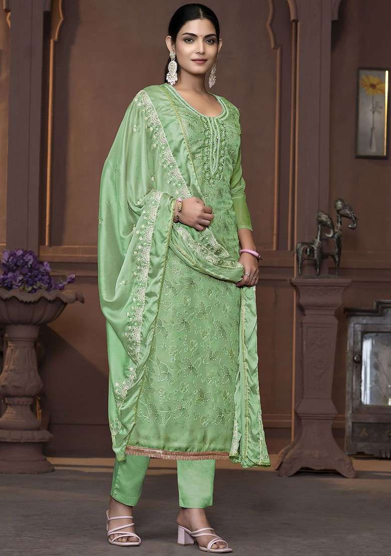 Sea Green Embellished Poly Blend Kurta Set - Indya