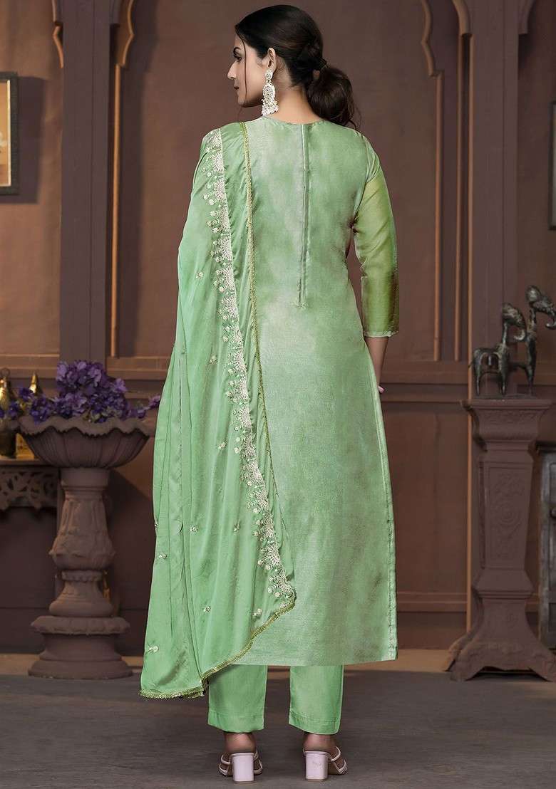 Sea Green Embellished Poly Blend Kurta Set - Indya