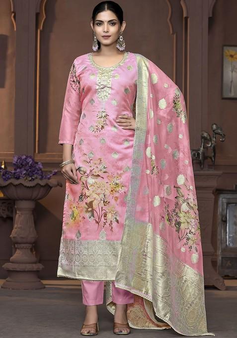 Pink Floral Print Blended Straight Kurta Set