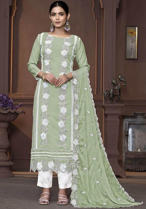 Green Embroidered Poly Blend Kurta Set