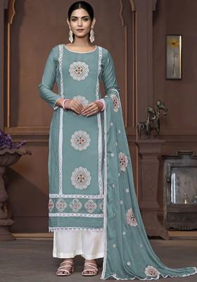Sea Green Embroidered Poly Blend Kurta Set