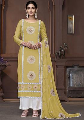 Yellow Embroidered Poly Blend Kurta Set