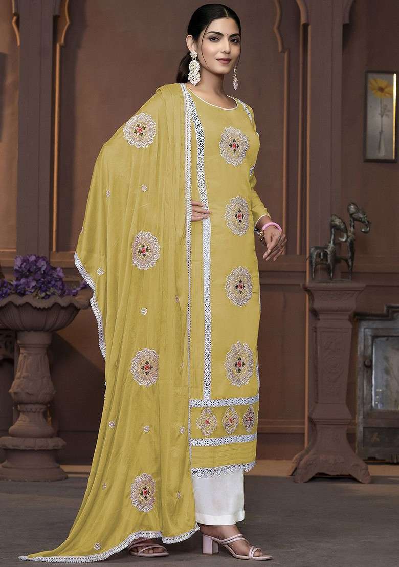 Yellow Embroidered Poly Blend Kurta Set - Indya
