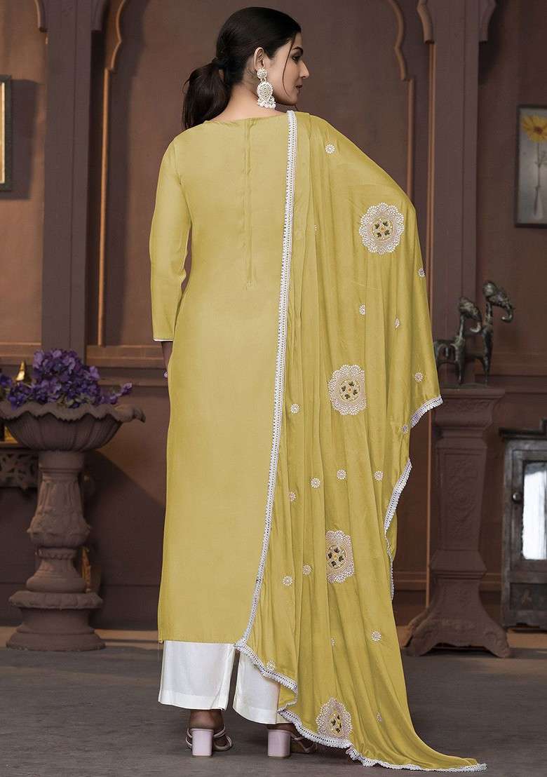 Yellow Embroidered Poly Blend Kurta Set - Indya