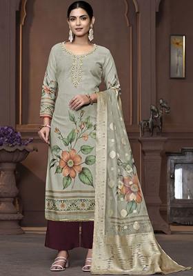 Grey Floral Print Poly Blend Kurta Set