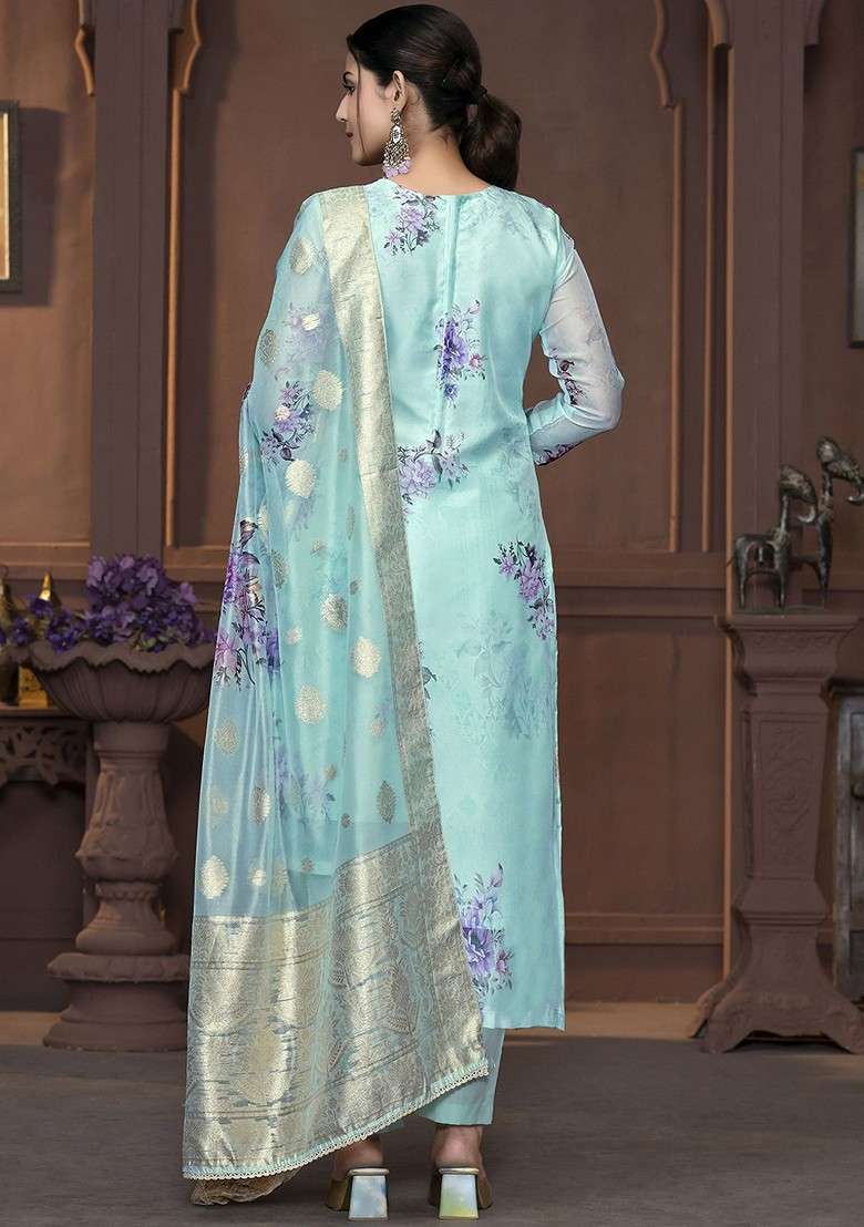 Sea Green Floral Print Organza Straight Kurta Set - Indya