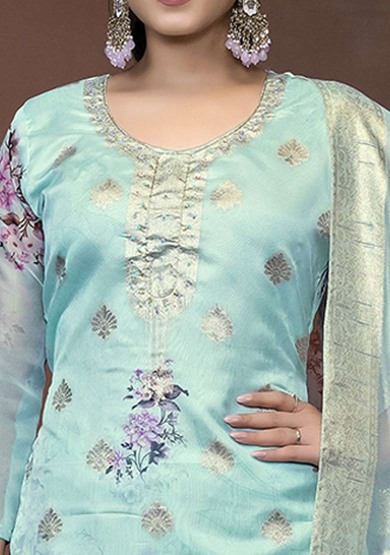 Sea Green Floral Print Organza Straight Kurta Set - Indya