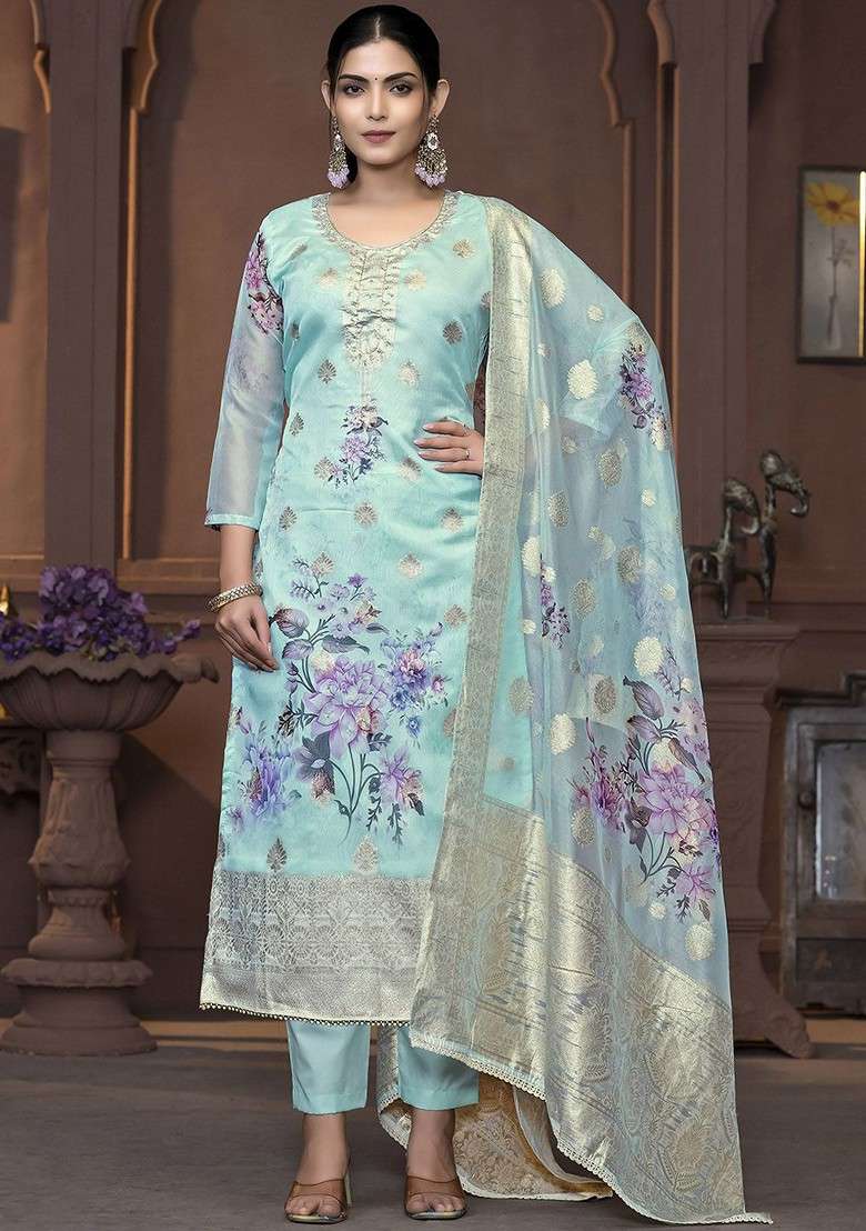 Sea Green Floral Print Organza Straight Kurta Set - Indya