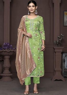 Green Embellished Organza Kurta Set