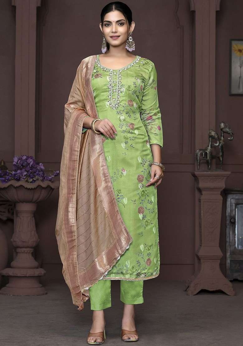 Green Embroidered Organza Straight Kurta Set - Indya