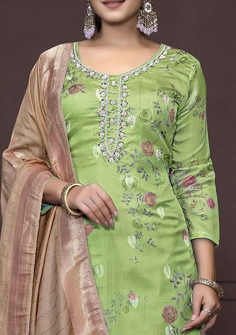 Green Embroidered Organza Straight Kurta Set - Indya