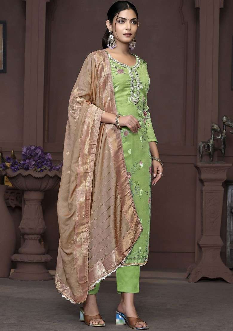 Green Embroidered Organza Straight Kurta Set - Indya