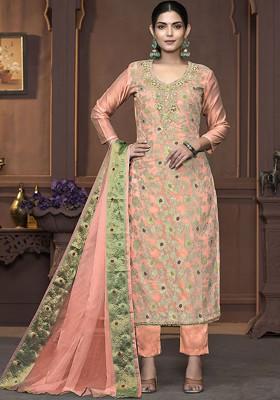 Peach Woven Poly Blend Kurta Set