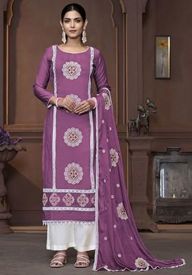 Purple Embroidered Poly Blend Kurta Set