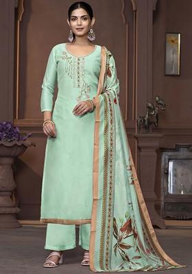 Sea Green Embellished Poly Blend Kurta Set