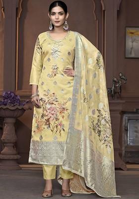 Beige Woven Organza Kurta Set