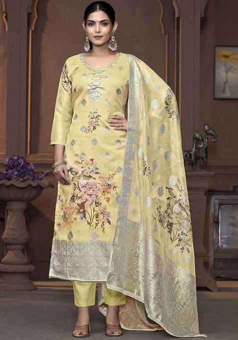 Beige Woven Organza Kurta Set