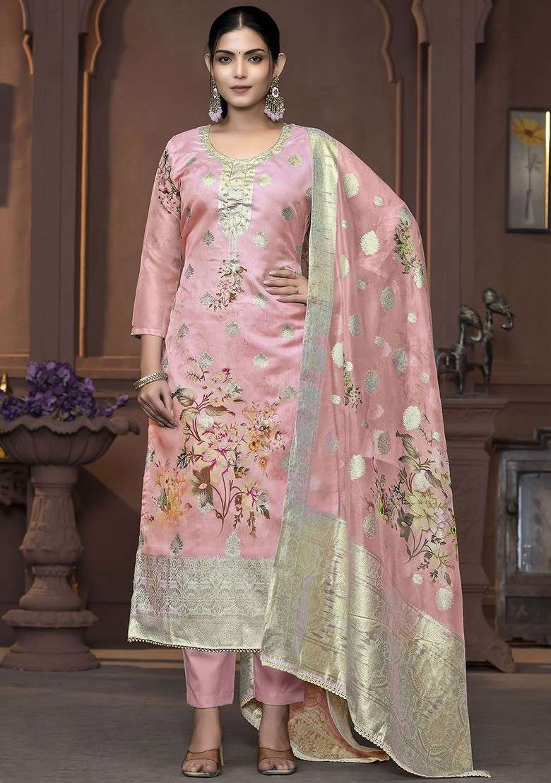 Peach Embroidered Blended Pakistani Suit Set - Indya